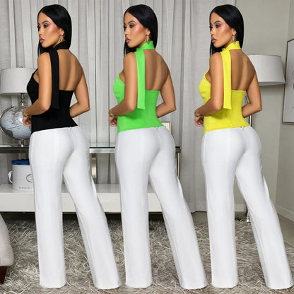 Office-style Halter-neck Fitted Top And Wide-leg Pants Two-piece Set
