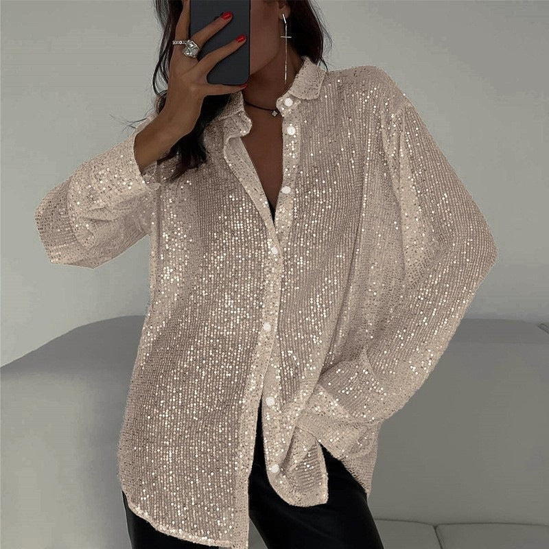 Spring Summer New European And American Sequin Top With Turn-down Collar, Long Sleeve Cardigan, Basic Cross-border Women's Shirt Jacket