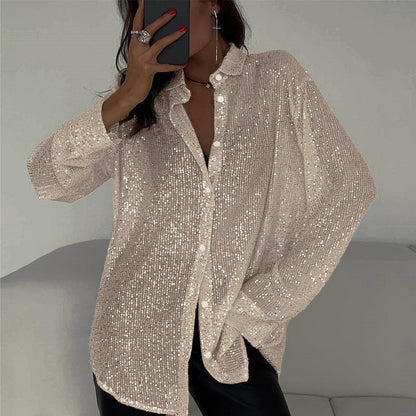 Spring Summer New European And American Sequin Top With Turn-down Collar, Long Sleeve Cardigan, Basic Cross-border Women's Shirt Jacket