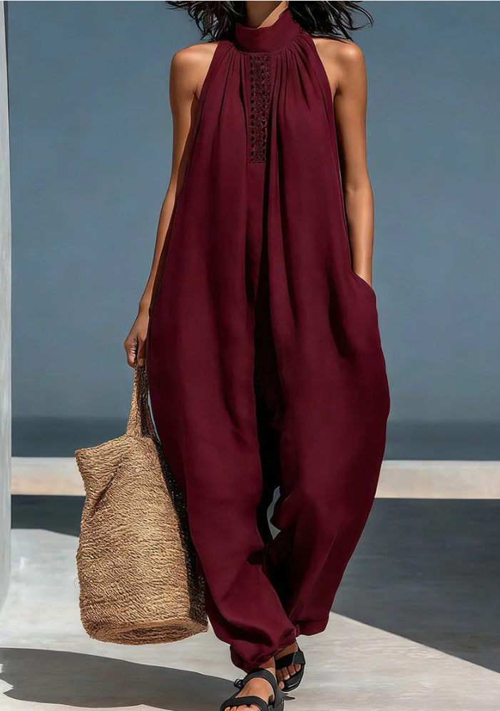 Women's Solid Color Stand-up Collar Sleeveless Casual Loose Jumpsuit