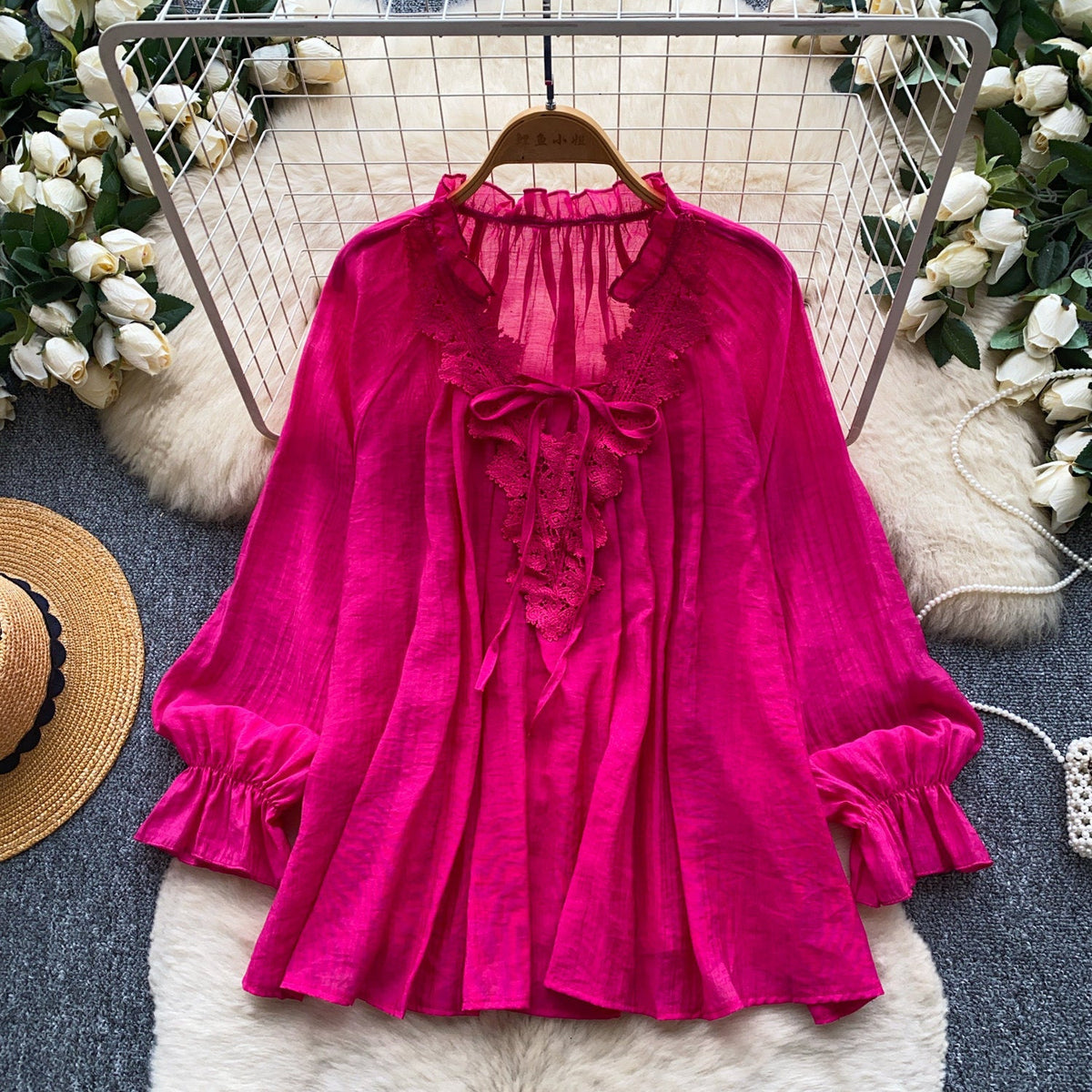 Womens Solid-Color Silk-Panel V-Neck Lace-Up Shirt