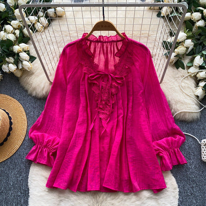 Womens Solid-Color Silk-Panel V-Neck Lace-Up Shirt