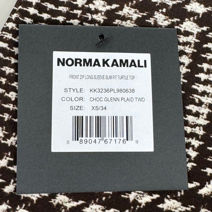 NORMA KAMALI Front Zip Slim Fit Turtle Top Women's Sz XS/34 Chocolate Plaid Tweed