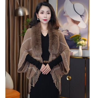New Knitted Shawl With A Fur Collar And Tassels