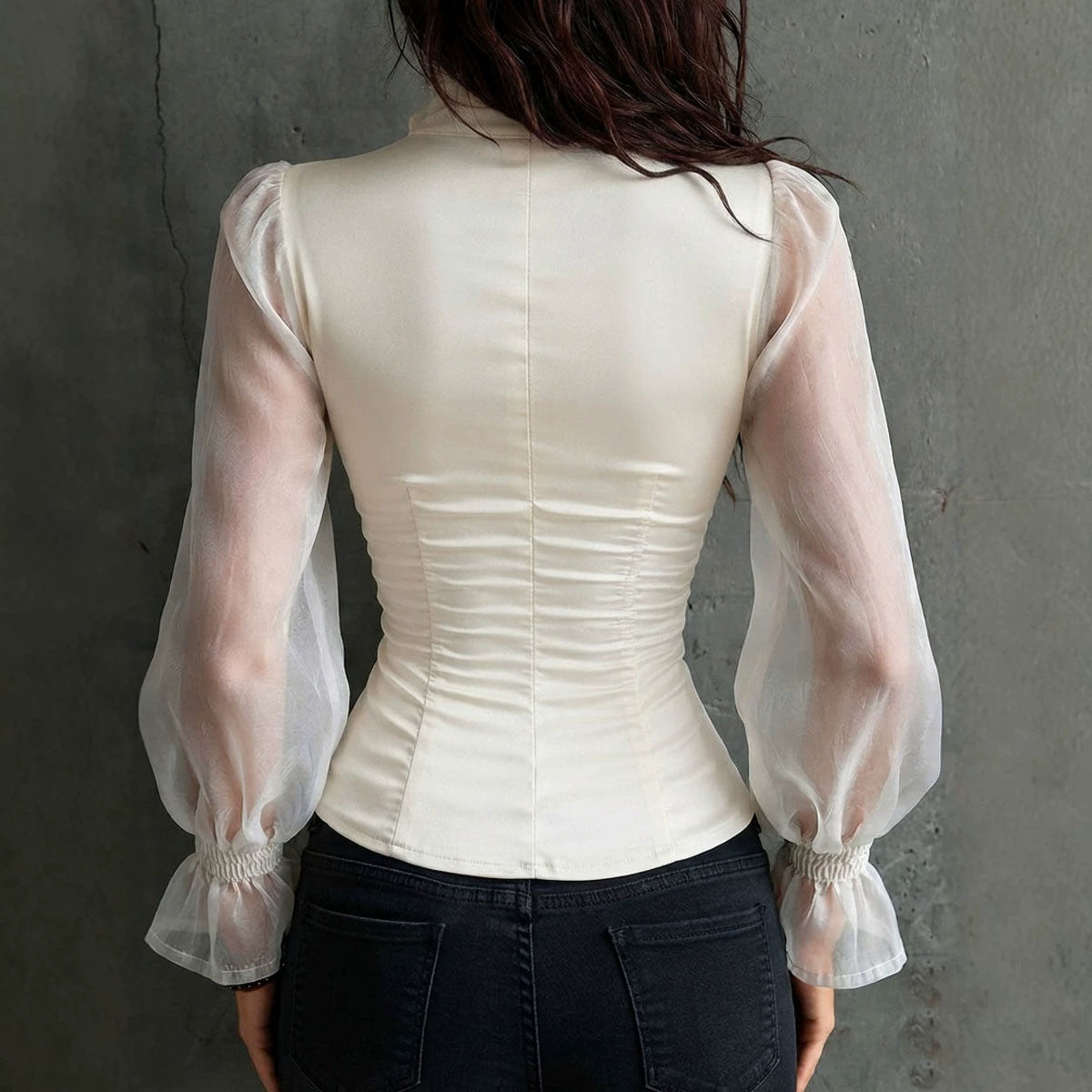 Women's Solid-color Casual Fitted-waist Mesh-panel Button-up Top