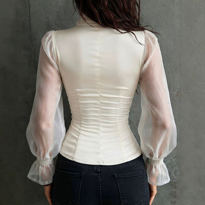 Women's Solid-color Casual Fitted-waist Mesh-panel Button-up Top