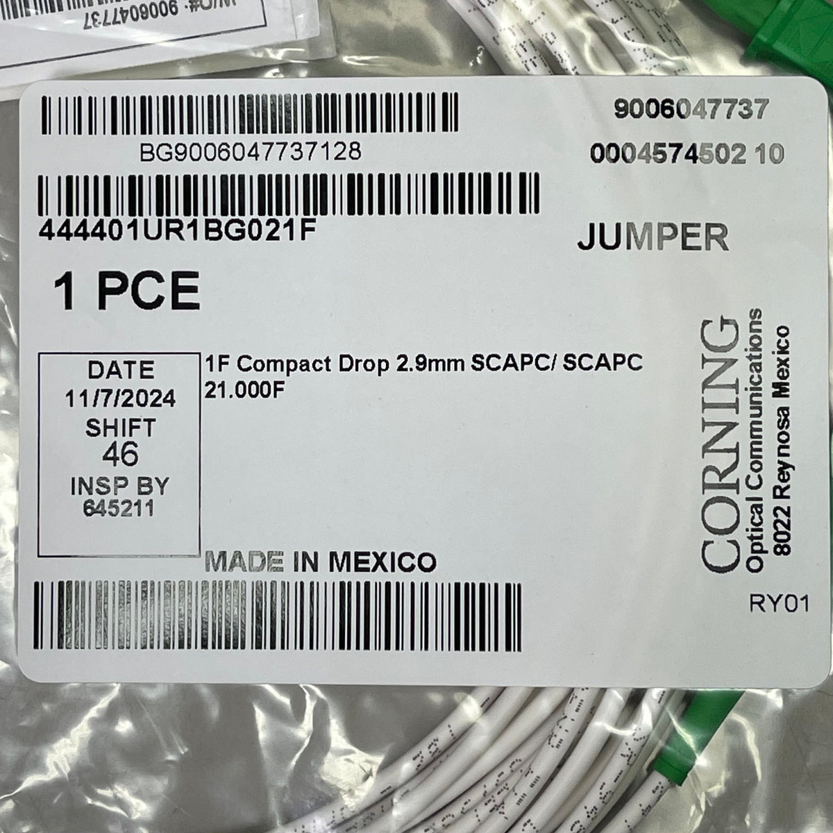 CORNING 1F Compact Drop Fiber Optic Jumper 2.9mm SCAPC/SCAPC 444401UR1BG021F