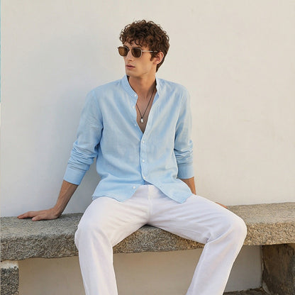 Italian Neapolitan Luxury Pure Natural Linen Mens Long Sleeve Shirt