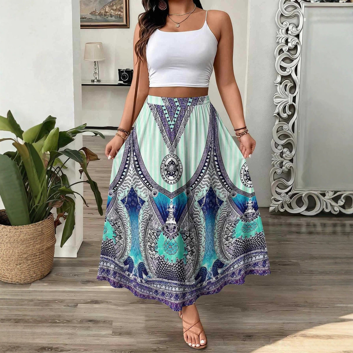 Womens 3D-printed Elastic High-waist Skirt