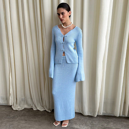 Bell-sleeve Cardigan And High-waisted Straight Long Skirt Two-piece Set