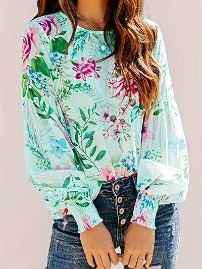 Smocked Printed Round Neck Lantern Sleeve Blouse for Women