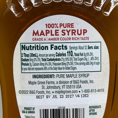MAPLE GROVE FARMS (12 PACK) Crafted 100% Pure Maple Syrup 12.5 Fl Oz BB 07/27