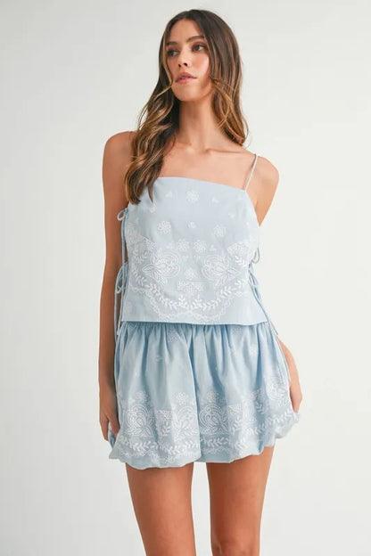 MABLE Embroidered Crop Cami and Balloon Mini Skirt Set