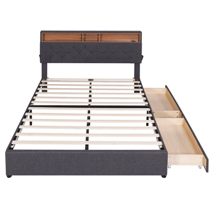 Queen Size Upholstered Platform Bed with Storage Headboard, LED, USB Charging and 2 Drawers Dark Gray