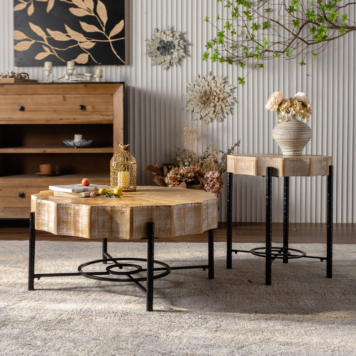 31.5 "Vintage Patchwork Lace Shape Coffee Table Cedar Coffee Table Set (Set of 2)