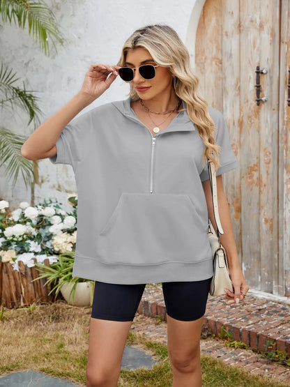 Half Zip Short Sleeve Hooded Top