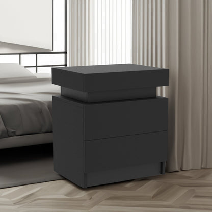 Modern Black LED Nightstand with Led Lights Bedside table with 2 High Gloss Drawers for Bedroom