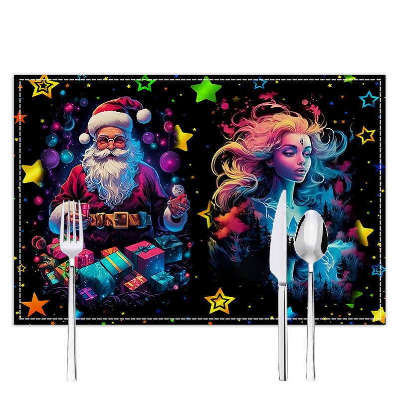 Christmas table mat with white linen starry sky and Santa Claus print