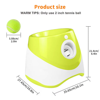 Rechargeable automatic tennis ball launcher for pets. Includes 3 balls, promotes interactive play.