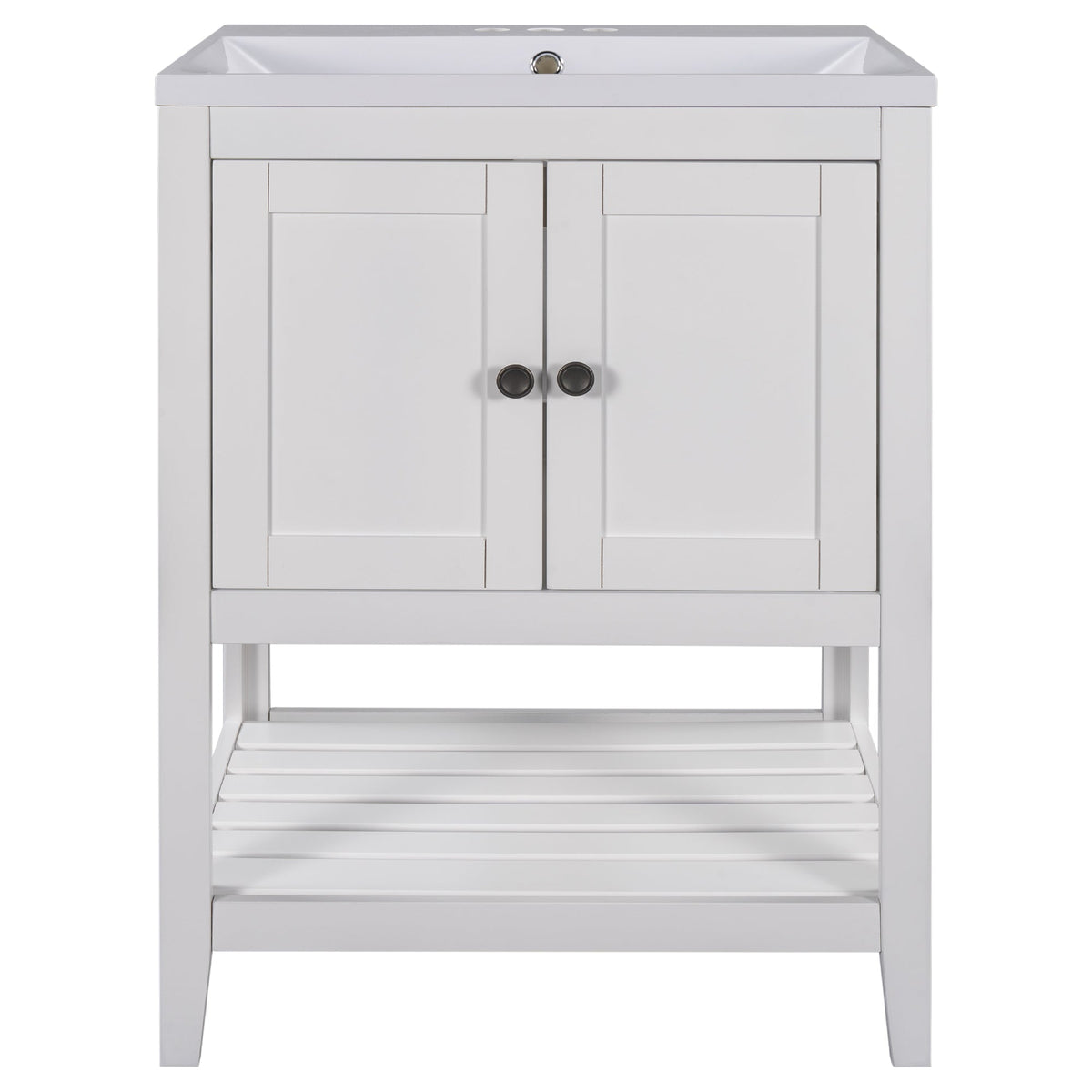 24" White Modern Sleek Bathroom Vanity Elegant Ceramic Sink with Solid Wood Frame Open Style Shelf