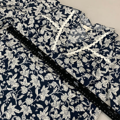 ENTRO Floral Pattern Ruffle Blouse Women's Sz S Navy/White T25612