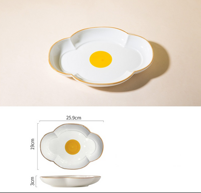 Creative Sun Egg Ceramic Bowl and Dish Set Cute Rice Bowl, Plate, Handle, Plate, Tableware, Home Breakfast Soup Plate