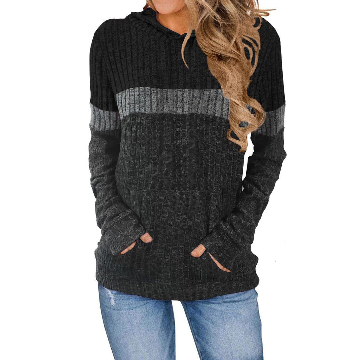 Casual Color-block Patchwork Hooded Sweatshirt With Pockets