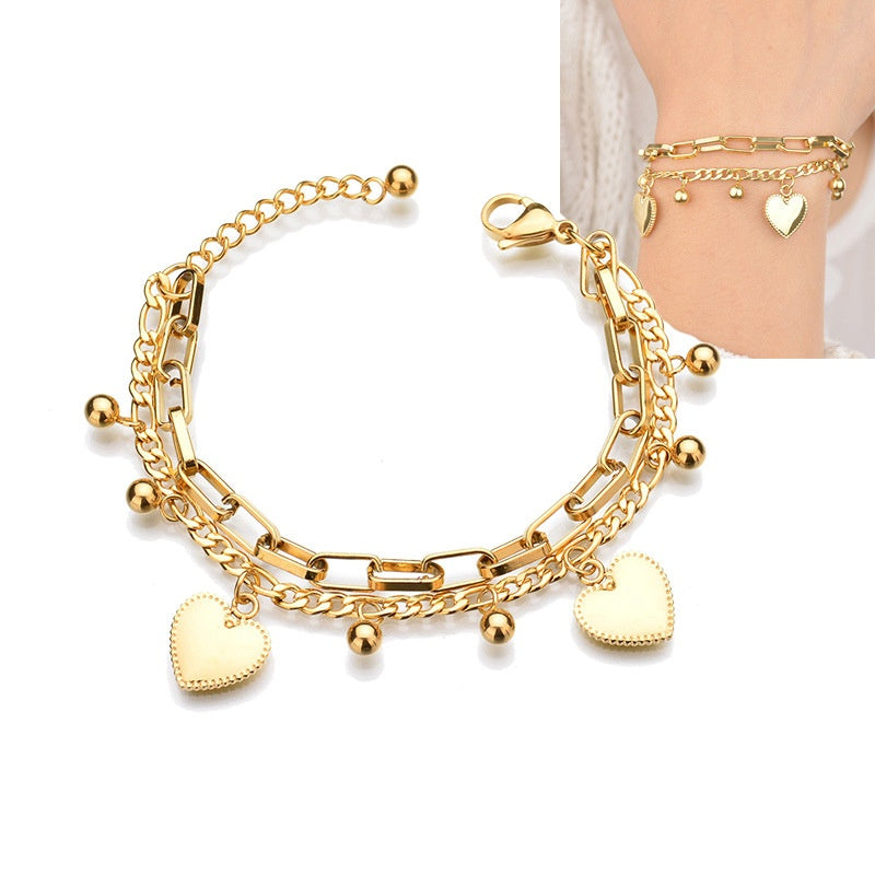 Stainless Steel Mixed Chain Heart Charm Bracelet For Women