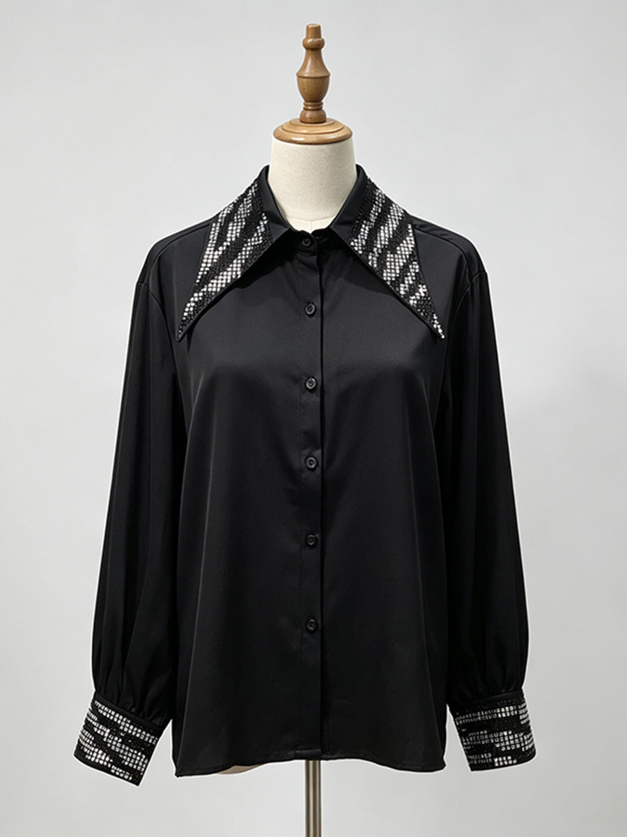Rhinestone Collar & Cuff Button-Up Satin Shirt