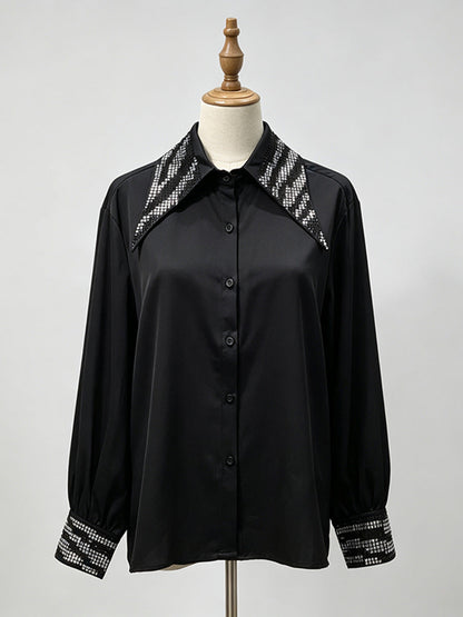 Rhinestone Collar & Cuff Button-Up Satin Shirt