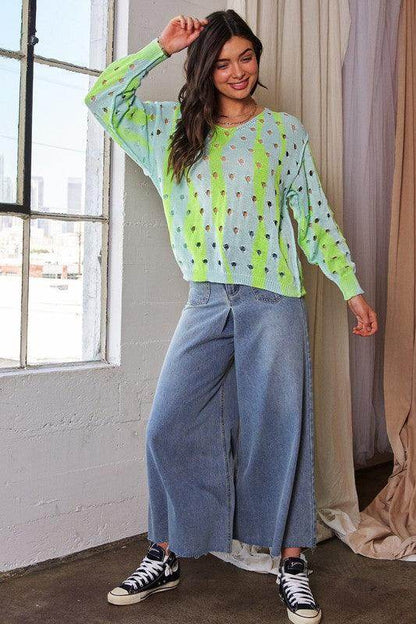 Davi & Dani Two-Tone Ribbed Hem Openwork Knit Top Style