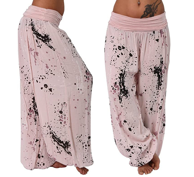 Women's Casual Loose Wide-Leg Pants With Digital Print And Drawstring