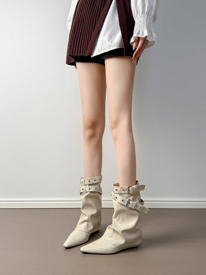Women's White Spicy Girl Rivet PointedToe MidCalf Slouch Boots, Biker Boots & Ankle Boots For TuckedIn Pants