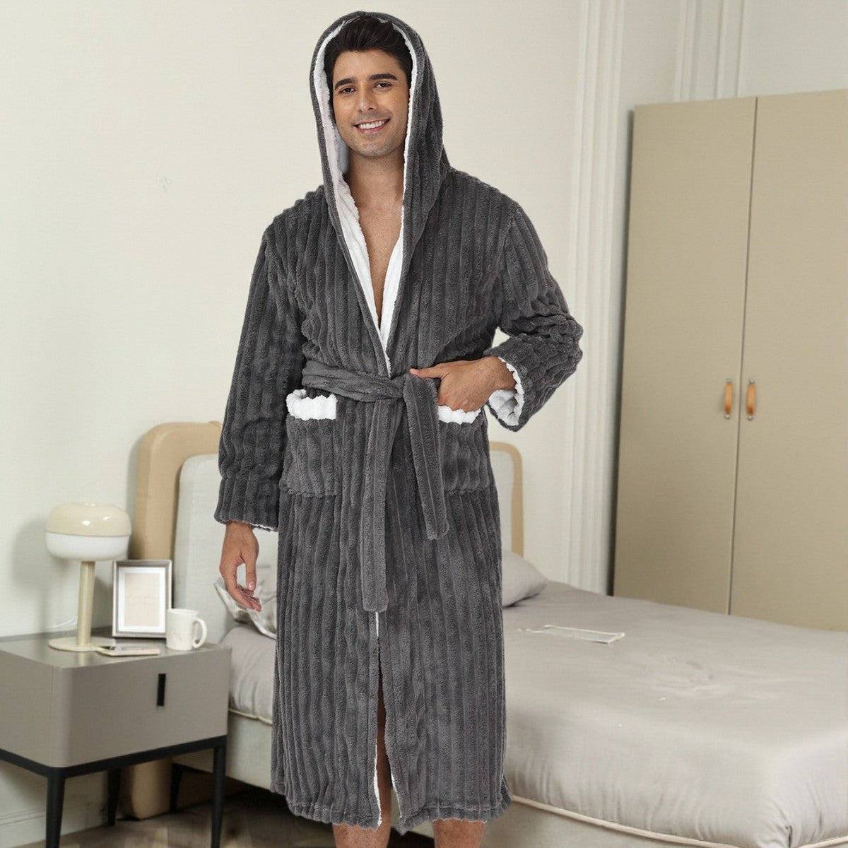 Thick Night-robe Flannel Men's Long Hooded Lace Bathrobe