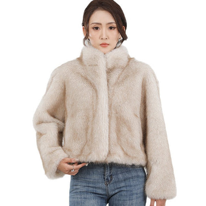 Stand-collar Cardigan Plush Fur Coat For Women