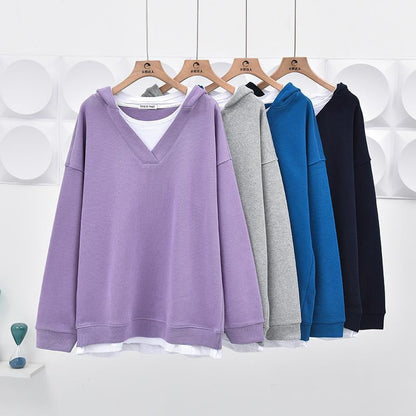 V-neck Faux Two-piece Mid-length Hooded Sweatshirt With Tummy-covering Design