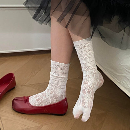 Womens Summer Lace Trim Two-Toe Socks