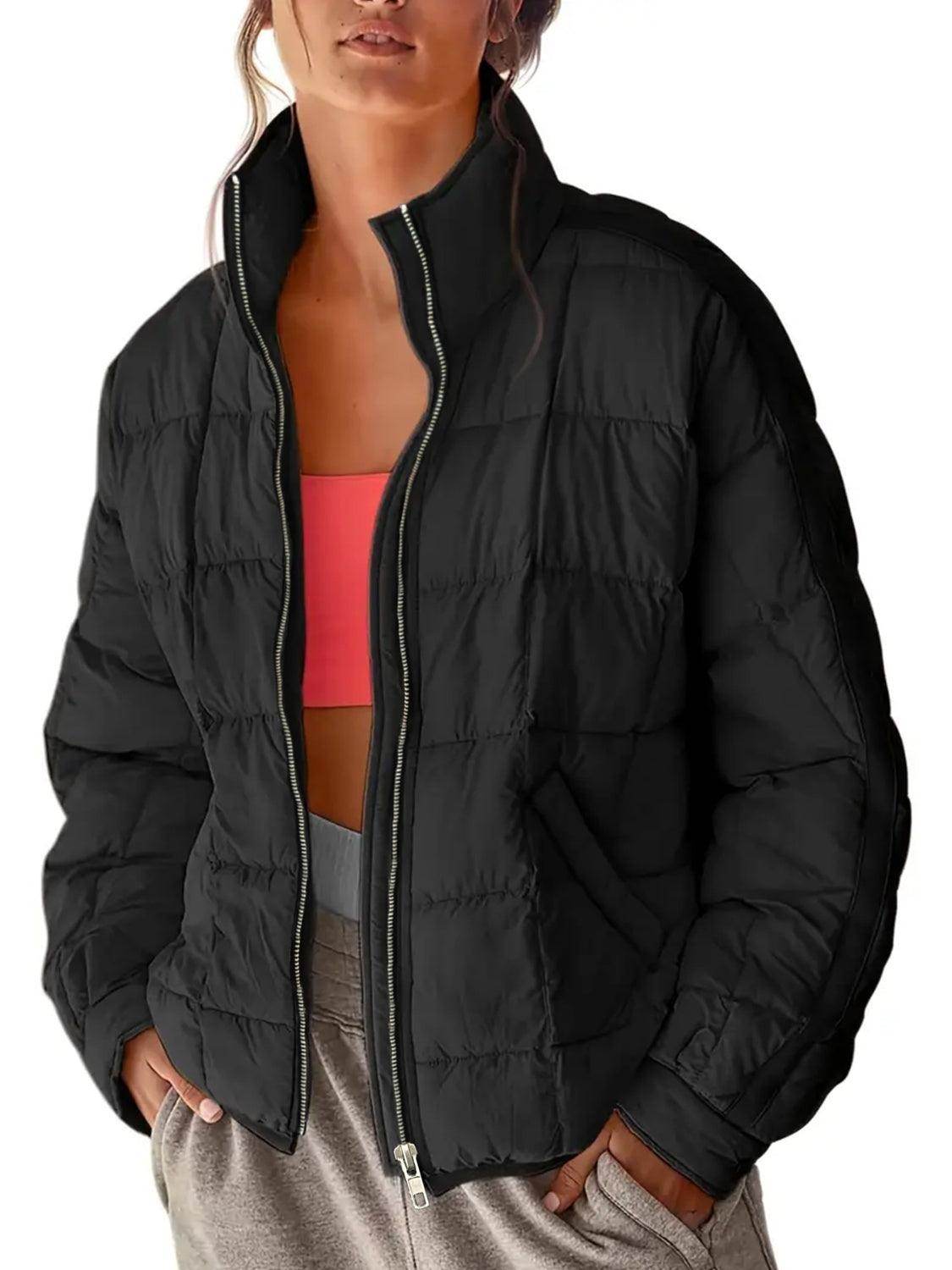 Pocketed Plaid Quilted Zip Up Winter Coat for Women