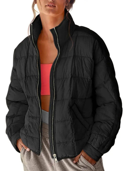 Pocketed Plaid Quilted Zip Up Winter Coat for Women