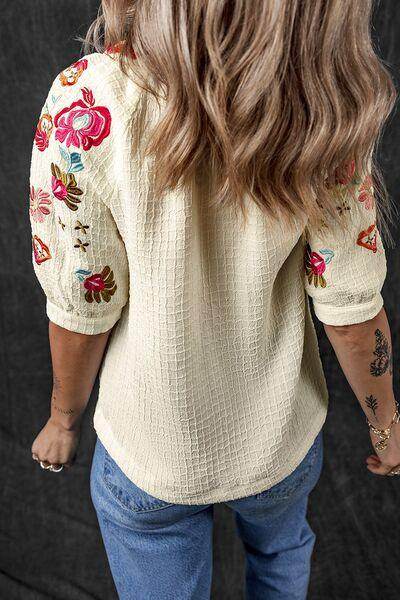 Floral Embroidered Notched Puff Sleeve Blouse for Women