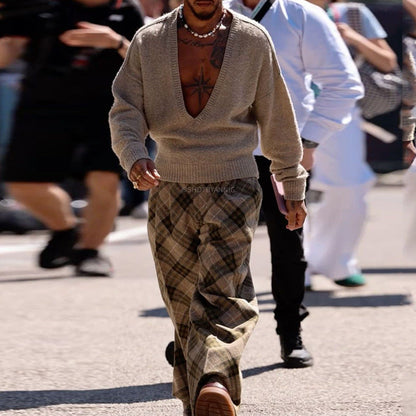 Casual Oversized V-neck Fashionable And Sexy Knitted Sweater For Men