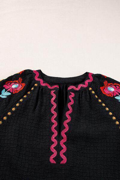 Floral Embroidered Notched Puff Sleeve Blouse for Women