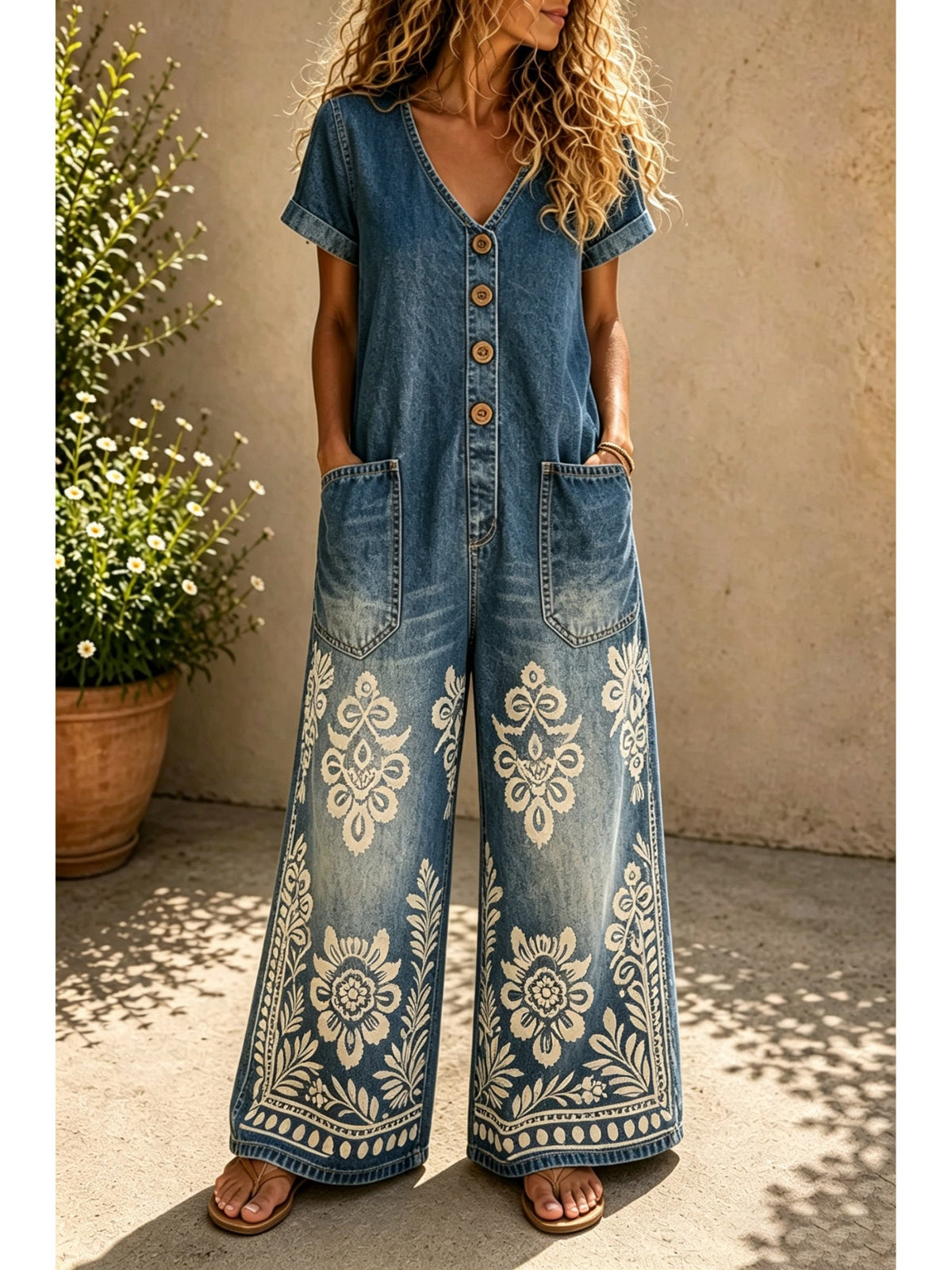 Buttoned Pockets Comfortable Short Sleeves Casual One-piece Wide-leg Jumpsuit