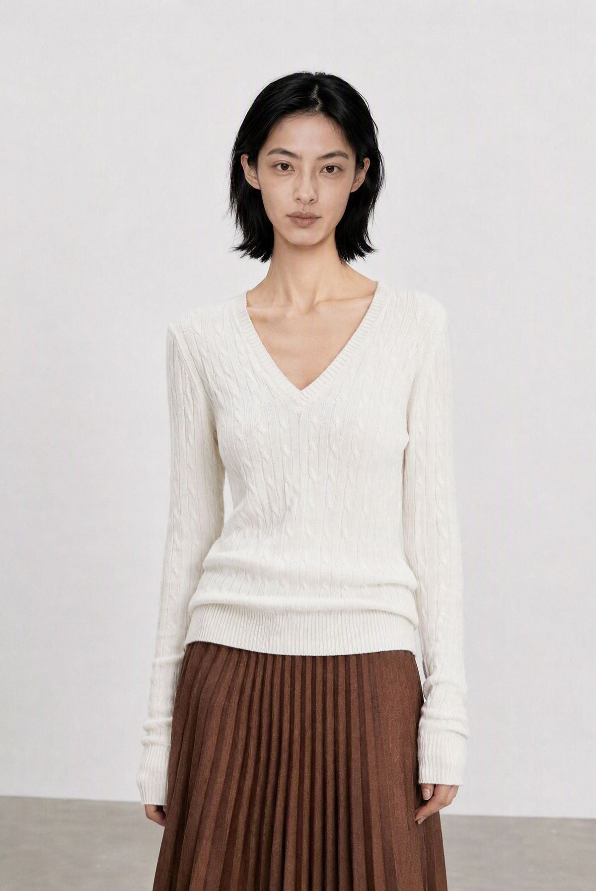 Ribbed V-Neck Ultrafine Merino Wool & Cashmere-Silk Blend Knit Sweater