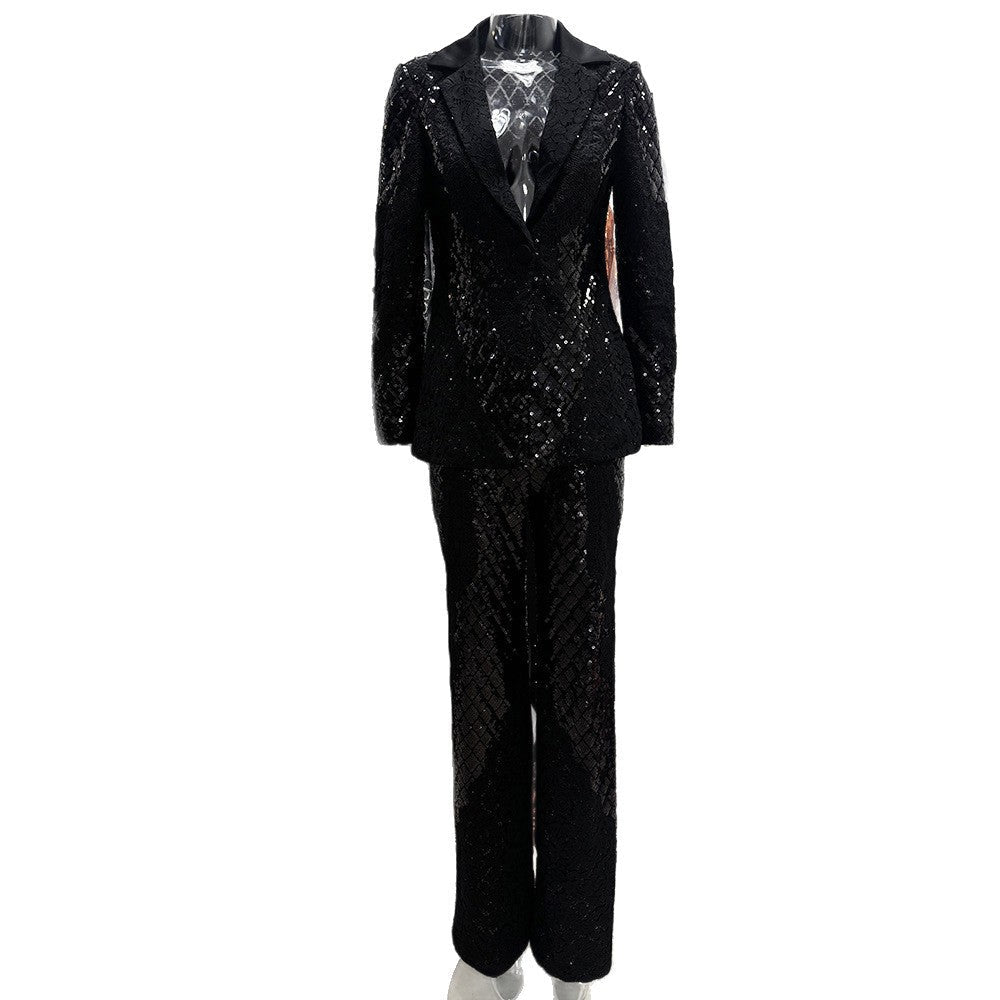Sparkling Sequin Lace Blazer & Wide-Leg Pants Suit Set