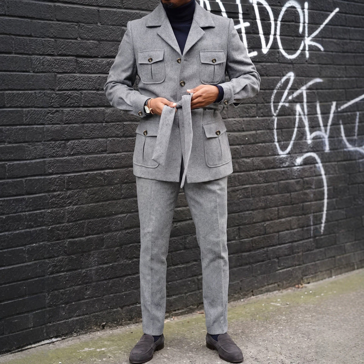 Mens Lapel Single-breasted Waist-cinched Coat With Multiple Pockets