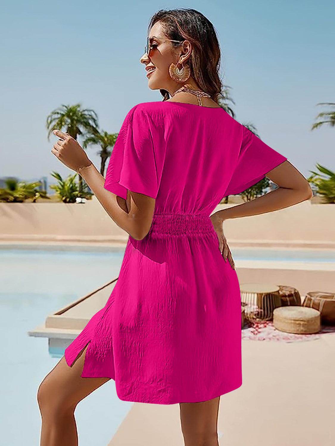 Smocked V-Neck Short Sleeve Dress for Effortless Style