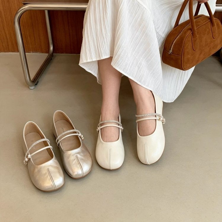 Women Gentle Minimalist Double Rhinestone Pearl Strap Flats,  Matching Casual Daily  Loafer Slippers