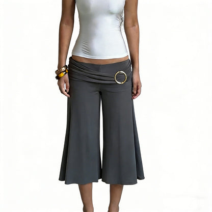 Women's Pleated Metal-Button Flared Low-Waist Cropped Pants