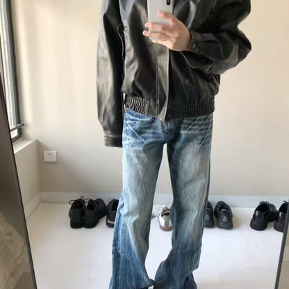 Mens Loose-fit American-style Washed-blue Jeans
